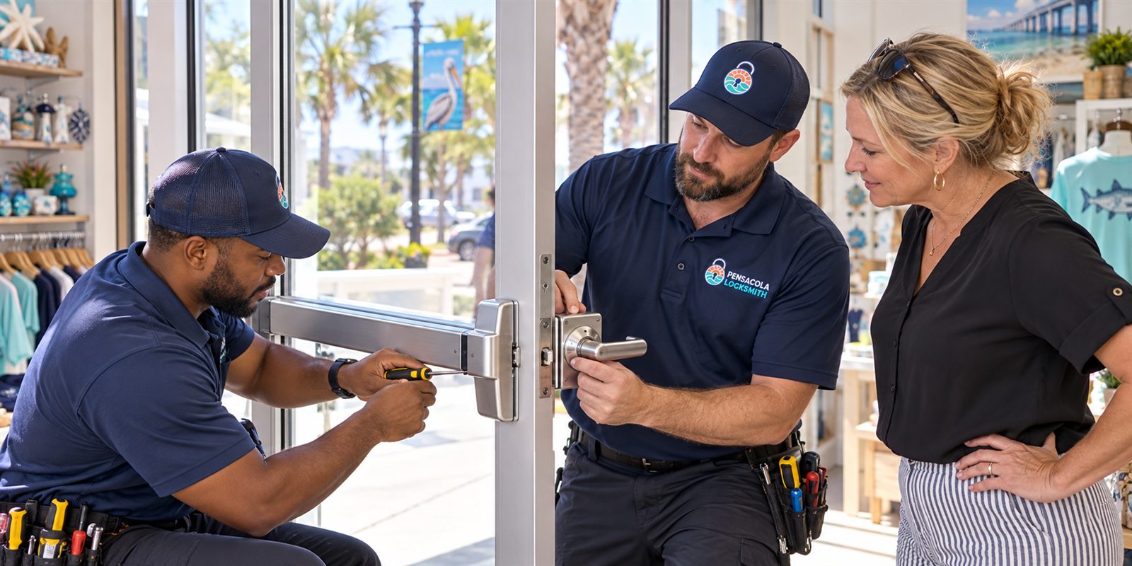 Pensacola Locksmith technicians servicing a commercial door at a local storefront