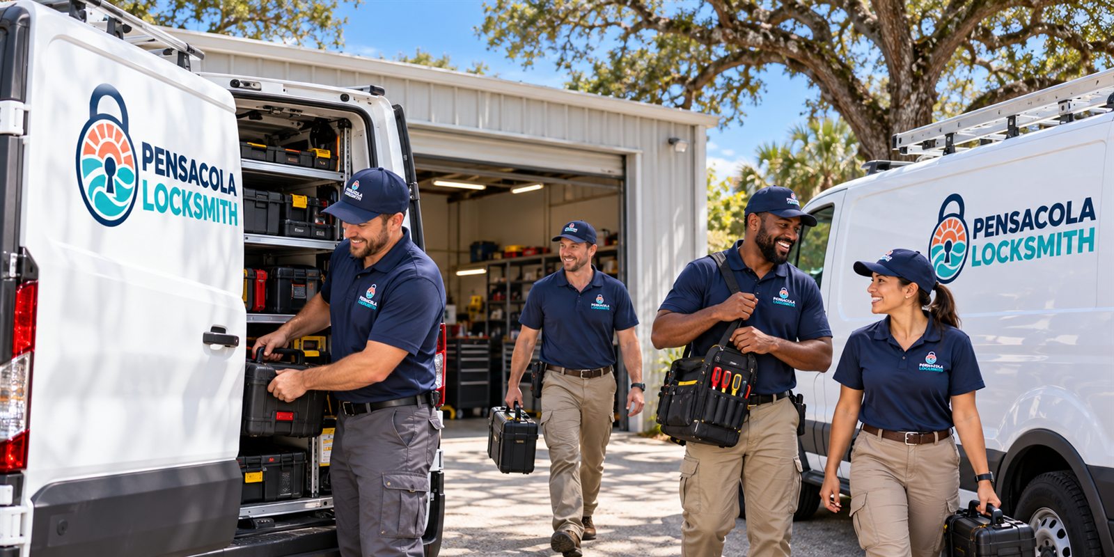 Pensacola Locksmith technicians loading tools into branded service vans before dispatch