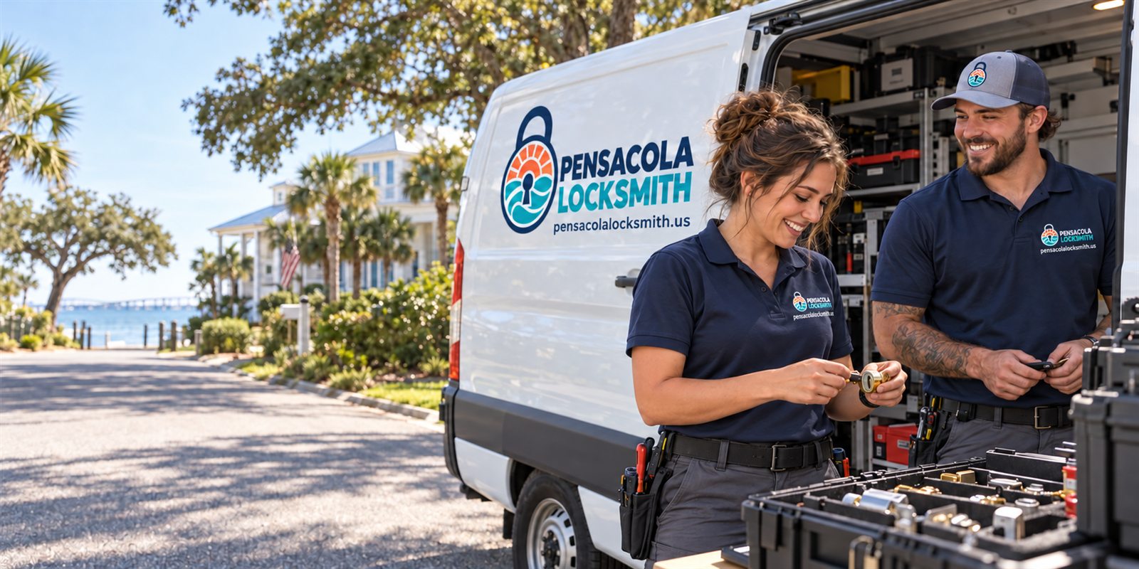 Pensacola Locksmith technicians preparing tools beside a branded mobile service van in a Gulf Coast neighborhood